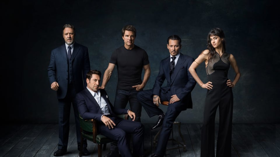Russell Crowe, Tom Cruise, Johnny Depp, Sofia Boutella a Javier Bardem